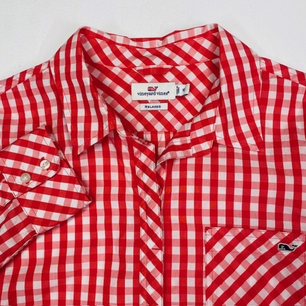 Vineyard Vines Red White Gingham Relaxed Button Down Shirt Womens 10 Whale Logo